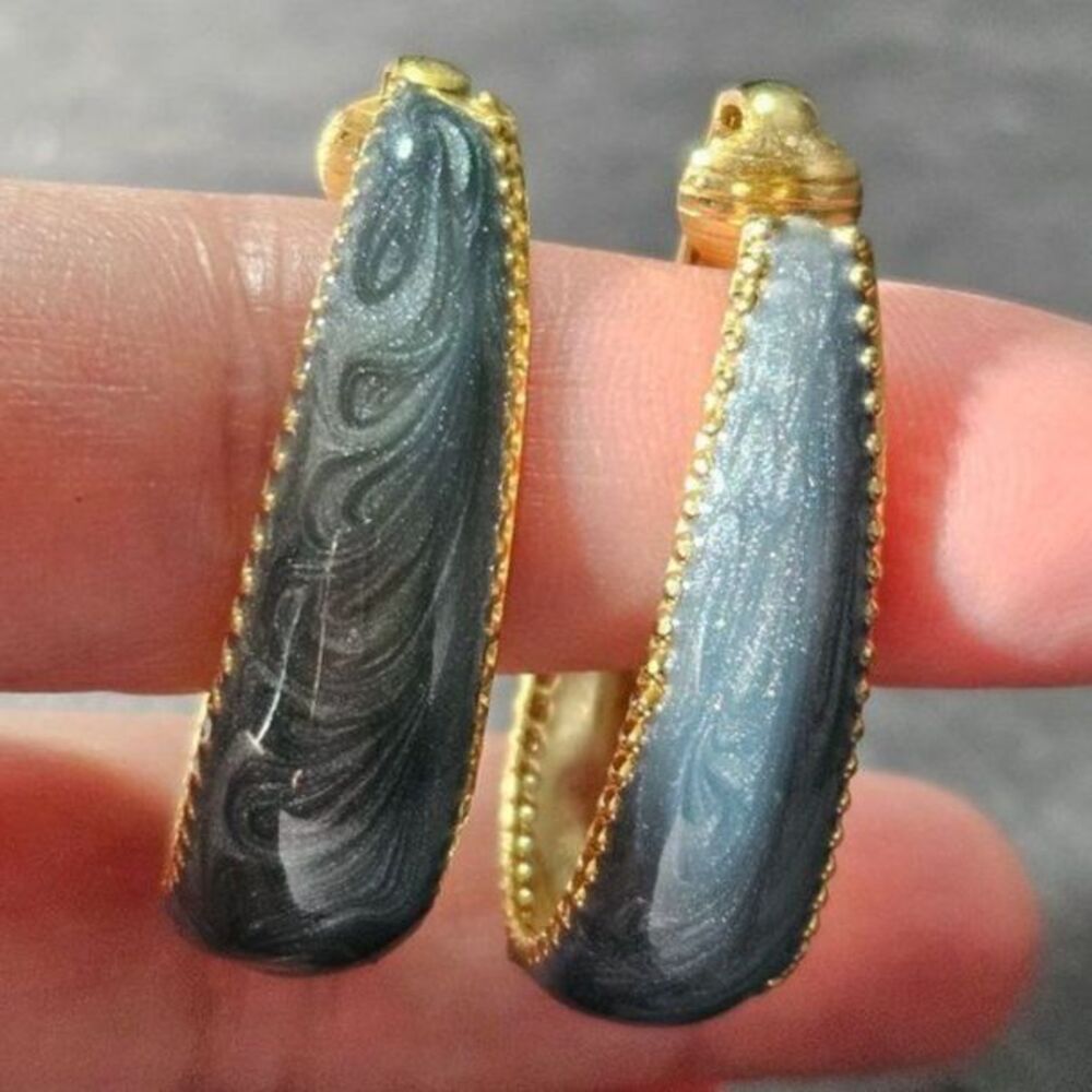 Gold tone vintage enamel hoop clip on earrings
